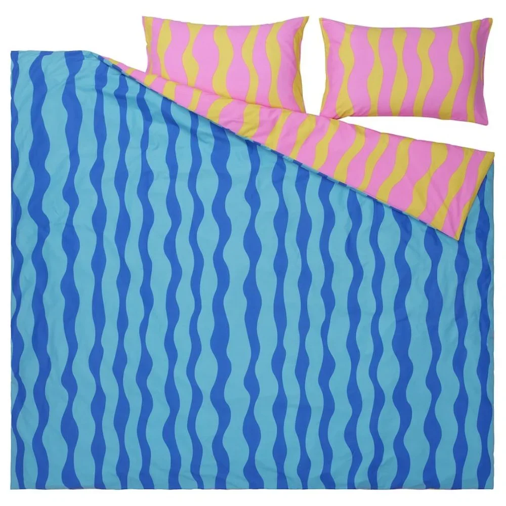 NEW - Ikea SOMMARVICKER Duvet cover and pillowcase(s), blue/light pink, KING - Picture 1 of 5
